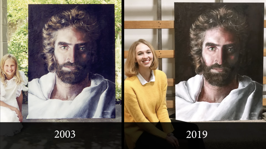 Akiane next to Prince of Peace painting